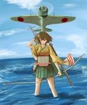  a6m_zero aircraft airplane alternate_eye_color angry archery arrow blue_sky bow_(weapon) breasts brown_hair cloud day flight_deck gloves hiryuu_(kantai_collection) japanese_clothes kantai_collection kyuudou large_breasts muneate ocean partly_fingerless_gloves quiver red_eyes shao_(newton) short_hair side_ponytail single_glove skirt sky water weapon yugake 