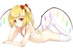  ass bangs bare_arms bare_shoulders blonde_hair bottomless bow bra collarbone commentary_request crystal eyebrows_visible_through_hair feet flan_(seeyouflan) flandre_scarlet flat_chest hair_bow hand_up highres ke-ta_(style) long_hair looking_at_viewer lying no_hat no_headwear no_shoes on_stomach one_side_up red_bow red_eyes simple_background solo thighhighs thighs touhou underwear white_background white_bra white_legwear wings 
