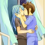  2boys aqua_hair blush brown_hair child endou_mamoru eyes_closed harute4423 inazuma_eleven inazuma_eleven_(series) indoors kazemaru_ichirouta kiss long_hair lowres m_(pixiv9151) male male_focus multiple_boys short_hair standing star window yaoi 