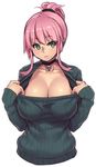 :3 breasts choker cleavage clothes_pull collarbone green_eyes houtengeki large_breasts looking_at_viewer no_legs original pink_hair pointy_ears ponytail ribbed_sweater short_hair simple_background skull solo sweater sweater_pull upper_body white_background 