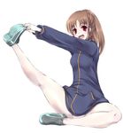  :d bare_legs bottomless breasts brown_hair convenient_leg full_body jacket legs long_hair long_sleeves medium_breasts naked_track_jacket no_panties no_pants no_socks open_mouth ponytail red_eyes saki shoes simple_background smile sneakers solo stretch takakamo_shizuno thighs track_jacket white_background yui_(imprinting) 