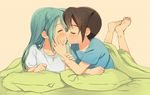  barefoot bed blue_hair closed_eyes endou_mamoru full_body hair_down hair_over_one_eye inazuma_eleven inazuma_eleven_(series) kazemaru_ichirouta kiss long_hair m_(pixiv9151) male_focus multiple_boys pillow under_covers yaoi younger 