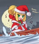  1girl :d beamed_eighth_notes blonde_hair blush boat bow canoe capelet ceroblitz chibi christmas commentary dress eighth_note english english_commentary eyebrows_visible_through_hair fate/extra fate_(series) green_eyes hair_bun hat highres long_hair long_sleeves looking_at_viewer meme moon music musical_note nero_claudius_(fate) nero_claudius_(fate)_(all) night open_mouth outdoors padoru red_bow romaji santa_costume santa_hat singing sky smile solo water watercraft 