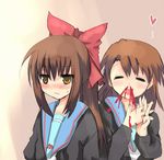  blood brown_hair cardigan genderswap genderswap_(mtf) koizumi_itsuki_(female) kyonko multiple_girls nosebleed ponytail ribbon suzumiya_haruhi_no_yuuutsu tsunono 