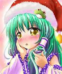  :o alcohol ayase_midori bad_id bad_pixiv_id blush drunk green_hair hat kochiya_sanae long_hair sake santa_hat snake solo touhou 