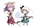  asoka blue_eyes chibi flower ghost hair_ribbon hitodama konpaku_youmu konpaku_youmu_(ghost) multiple_girls purple_eyes purple_hair ribbon silver_hair sword touhou watatsuki_no_yorihime weapon 