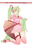  bonoramo dress green_eyes green_hair hatsune_miku kneeling legs long_hair ribbon solo thighhighs twintails valentine very_long_hair vocaloid 