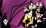  4girls artist_request biceps black black_hair black_star blonde_hair blue_hair cat cowboy_hat death_the_kid elizabeth_thompson everyone formal hat maka_albarn multiple_boys multiple_girls nakatsukasa_tsubaki necktie patricia_thompson shinigami_sama shoes skirt soul_eater soul_eater_(character) wallpaper white_hair witch_hat 