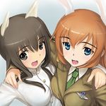  animal_ears blue_eyes brown_eyes brown_hair bunny_ears charlotte_e_yeager long_hair multiple_girls necktie shikkaku strike_witches takei_junko uniform wavy_hair world_witches_series 