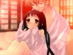  1girl afterglow black_hair blush couple cuddling glasses green_eyes hetero hug itou_noiji long_hair nanatsuiro_drops nude shared_blanket smile towel tsuwabuki_masaharu yaeno_nadeshiko 