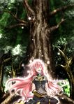  closed_eyes glowing long_hair megurine_luka nature pink_hair solo tree trimcolor vocaloid 