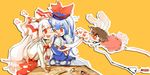  animal_ears bad_id bad_pixiv_id blue_hair brown_hair bunny_ears bunny_tail chibi fujiwara_no_mokou hair_ribbon hat inaba_tewi kamishirasawa_keine long_hair multiple_girls red_eyes ribbon ruto_(petatann) sharp_teeth tail teeth touhou 