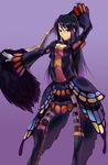  arm_up armor bangs black_hair blue_eyes boots breasts cleavage cleavage_cutout fighting_stance fur gloves gradient_hair gypceros_(armor) hammer knee_boots loincloth long_hair looking_away makie_fujiyuki medium_breasts monster_hunter multicolored_hair outstretched_arm parted_bangs purple_hair rhopessa_(armor) simple_background skirt smile solo standing strap thigh_strap thighhighs turtleneck very_long_hair weapon wide_sleeves zettai_ryouiki 