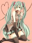  aqua_eyes aqua_hair bad_id bad_pixiv_id chocolate detached_sleeves hatsune_miku heart long_hair mouth_hold necktie skirt solo squatting thighhighs twintails valentine very_long_hair vocaloid yuzuki_karu zettai_ryouiki 