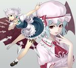  ahoge ascot bat_wings between_fingers blue_eyes blue_hair braid danmaku glint hands hat izayoi_sakuya k+ knife maid maid_headdress multiple_girls red_eyes remilia_scarlet short_hair silver_hair simple_background slit_pupils touhou twin_braids wings 