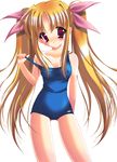  bad_id bad_pixiv_id blonde_hair breasts covered_nipples fate_testarossa highres long_hair looking_at_viewer lyrical_nanoha mahou_shoujo_lyrical_nanoha mahou_shoujo_lyrical_nanoha_a's mizuki_chika one-piece_swimsuit one-piece_tan pulled_by_self red_eyes school_swimsuit simple_background small_breasts solo standing swimsuit swimsuit_pull tan tanline twintails white_background 