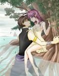  1girl bad_id bad_pixiv_id barefoot blush breasts cleavage couple dress elf forest hetero medium_breasts nature original pointy_ears profile purple_hair short_hair sitting soaking_feet sorano_namida tree tree_shade wading water 