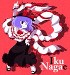  blue_hair character_name dress frills hat karaagetarou nagae_iku one_eye_closed pose saturday_night_fever shawl short_hair solo touhou 