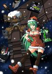  1girl armored_core armored_core:_for_answer ass_visible_through_thighs blue_eyes breasts christmas cleavage green_hair hat large_breasts long_hair may_greenfield md5_mismatch mecha ment merrygate one_eye_closed santa_costume santa_hat snow thighhighs 
