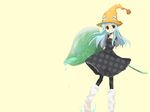  artist_request beige_background black_dress blue_hair blush dress eruka_frog hat head_tilt long_sleeves looking_at_viewer pantyhose red_eyes sidelocks simple_background solo soul_eater tassel witch_hat 