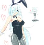  1girl animal_ears aqua_eyes aqua_hair bad_id bad_pixiv_id bunny_ears bunnysuit fishnet_pantyhose fishnets hair_over_one_eye hanashou-san kisara long_hair pantyhose yami_bakura yuu-gi-ou yuu-gi-ou_duel_monsters 