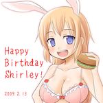  animal_ears birthday blue_eyes bra breasts bunny_ears charlotte_e_yeager cleavage food hamburger large_breasts lingerie long_hair orange_hair shinjou_ryou solo strike_witches underwear world_witches_series 