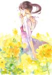  blush brown_hair dress field floating_hair flower flower_field from_behind halterneck long_hair long_sleeves original pinafore_dress ponytail red_dress shirt simple_background sitting solo spaghetti_strap white_background white_shirt wind yuu_(mol) 