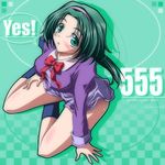 akimoto_komachi blush checkered checkered_background from_above green_background green_eyes green_hair hairband kikuchi_tsutomu l'ecole_des_cinq_lumieres_school_uniform looking_up number precure purple_skirt sitting skirt socks yes!_precure_5 