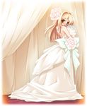  back bare_shoulders blonde_hair bride copyright_request dress flower gown long_hair looking_back ootsuki_ren solo train_(clothing) wedding_dress 