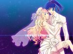  1girl bad_id bad_pixiv_id bridal_veil bride chimachi couple dress formal good_end hetero highres long_hair macross macross_frontier saotome_alto sheryl_nome suit veil wedding wedding_dress 