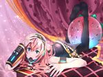  blue_eyes blue_nails chocolate detached_sleeves feet headset kotetsu_motoya long_hair megurine_luka mouth_hold nail_polish pink_hair solo thighhighs valentine vocaloid 