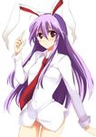  animal_ears bad_id bad_pixiv_id blush bunny_ears dress_shirt long_hair nakayama_miyuki necktie no_pants panties pointing purple_hair red_eyes red_neckwear reisen_udongein_inaba shirt simple_background sketch solo striped striped_panties touhou underwear 