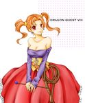  bad_id bad_pixiv_id bare_shoulders breasts cleavage copyright_name dragon_quest dragon_quest_viii dress earrings highres jessica_albert jewelry large_breasts orange_hair purple_shirt red_eyes shirt solo sorano_namida strapless strapless_dress twintails wand whip white_background 