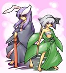  animal_ears bad_id bad_pixiv_id barefoot bunny_ears ekus_(xo_ekus) hairband japanese_clothes konpaku_youmu long_hair multiple_girls ninja_toes open_clothes open_robe purple_hair red_eyes reisen_udongein_inaba robe sarashi short_hair silver_hair sword touhou weapon 