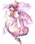  animal_ears colored_pencil_(medium) dress earrings fingernails frilled_dress frills green_eyes hand_on_own_chin hat jewelry long_fingernails music musical_note myaaco mystia_lorelei pink_hair shoes short_hair singing solo touhou traditional_media winged_shoes wings 