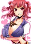  bad_id bad_pixiv_id between_breasts breast_lift breasts chocolate grin hair_bobbles hair_ornament heart large_breasts mouth_hold onozuka_komachi pink_eyes pink_hair pochi_(pochi-goya) red_eyes red_hair red_string short_hair smile solo string touhou two_side_up upper_body valentine 
