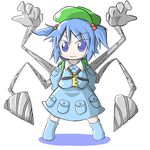  aoblue backpack bag blue_eyes blue_hair chibi drill hair_bobbles hair_ornament hat kawashiro_nitori key mechanical_arm short_hair solo touhou twintails two_side_up 