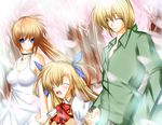  2girls bad_id bad_pixiv_id blonde_hair blush brown_hair casual closed_eyes dress family highres holding_hands lyrical_nanoha mahou_shoujo_lyrical_nanoha_strikers multiple_girls ponytail purple_eyes side_ponytail smile tabuchi_(tabuchisanchi) takamachi_nanoha vivio yuuno_scrya 