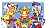  ^_^ bad_id bad_pixiv_id blonde_hair braid breasts china_dress chinese_clothes closed_eyes commentary dress ekus_(xo_ekus) hand_on_hip hat hong_meiling large_breasts long_hair medium_breasts multiple_girls red_hair ribbon silver_hair touhou twin_braids yagokoro_eirin yakumo_yukari 