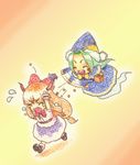  ^_^ bad_id bad_pixiv_id beans chibi closed_eyes green_hair hat horns ibuki_suika long_hair mamemaki mima multiple_girls oni orange_hair ribbon setsubun sweatdrop takt. tears touhou wizard_hat 