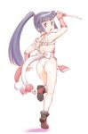  akatsuki_(log_horizon) ass blush cosplay dagger from_behind japanese_clothes log_horizon long_hair looking_back open_mouth pelvic_curtain ponytail purple_eyes purple_hair shiranui_mai shiranui_mai_(cosplay) solo the_king_of_fighters ueyama_michirou weapon 