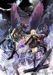  blonde_hair blue_eyes city coffin crown gin_(oyoyo) jewelry kamiyugi_ayase long_hair looking_at_viewer monster sieger_(z/x) solo wings z/x 