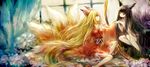  animal_ears bad_id bad_pixiv_id bangs black_eyes black_hair blonde_hair blunt_bangs flower fox_ears fox_tail hanchan highres japanese_clothes kitsune kyuubi long_hair looking_at_another mirror multiple_girls multiple_tails nude original profile red_eyes tail very_long_hair youkai 