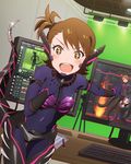  2girls :d artist_request bodysuit brown_eyes brown_hair futami_ami green_screen idolmaster idolmaster_(classic) idolmaster_million_live! miura_azusa multiple_girls official_art open_mouth robot_ears side_ponytail smile tail tentacles 