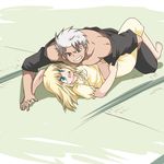  1girl ahoge archer artoria_pendragon_(all) bad_id bad_pixiv_id barefoot blonde_hair brown_eyes dark_skin fate/stay_night fate_(series) green_eyes koraku_gekki midriff pajamas pinned saber white_hair wrestling 