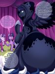  2018 blue_eyes cloak clothed clothing dialogue english_text equine eyewear feathered_wings feathers female feral friendship_is_magic fur glasses group hair hi_res horn horse looking_down macro mammal multicolored_hair my_little_pony open_mouth pony princess_luna_(mlp) purple_eyes purple_fur size_difference starlight_glimmer_(mlp) sweat sweatdrop text tongue translucent transparent_clothing twilight_sparkle_(mlp) two_tone_hair unicorn vavacung winged_unicorn wings 