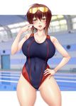  ayato blush breasts brown_eyes brown_hair competition_swimsuit hand_on_hip highres huge_breasts looking_at_viewer mamoru_(sister_princess) naughty_face older one-piece_swimsuit short_hair sister_princess sunglasses swimsuit whistle 