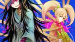  bandages barbell_piercing black_hair blonde_hair blood blood_stain blue_background bookcage bow danganronpa death hair_bow hospital_gown japanese_clothes kimono lip_piercing long_hair mioda_ibuki multicolored_hair multiple_girls open_mouth orange_eyes piercing pink_blood pink_eyes pink_hair saionji_hiyoko spoilers strangling super_danganronpa_2 tears twintails yellow_eyes 