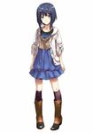  1girl 5pb. aqua_eyes ayumi_(disorder_6) black_hair blue_dress boots cardigan casual collarbone disorder_6 dress female full_body hair_ornament hairclip knee_boots kneehighs legs looking_at_viewer nagahama_megumi official_art open_clothes open_shirt shirt simple_background solo standing unbuttoned white_background 