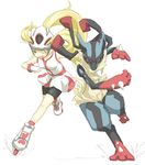  bare_shoulders bicycle_helmet bike_shorts blonde_hair fingerless_gloves gen_4_pokemon gloves gym_leader helmet ito_(itokayu) koruni_(pokemon) long_hair lucario mega_lucario mega_pokemon open_mouth pokemon pokemon_(creature) pokemon_(game) pokemon_xy ponytail roller_skates skates 